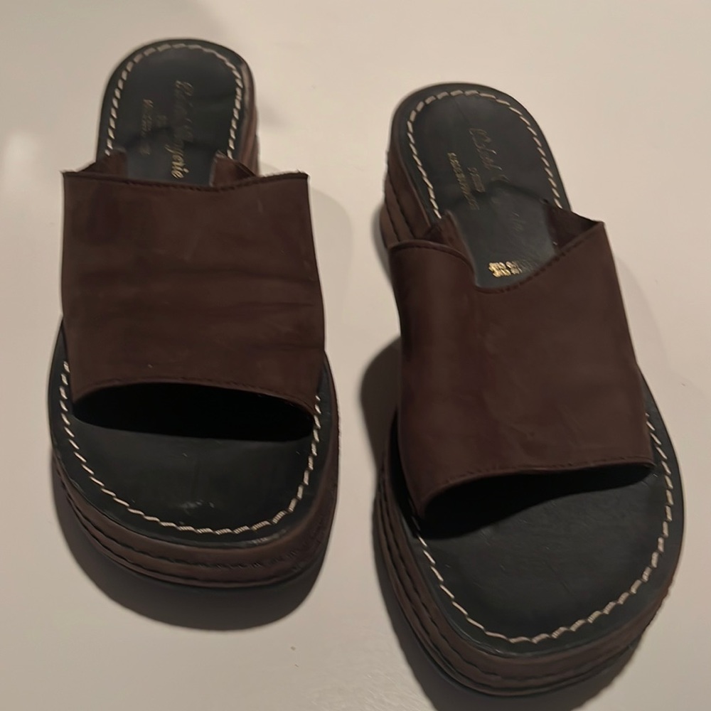 Robert Clergerie 7 1/2 brown suede wedge slides